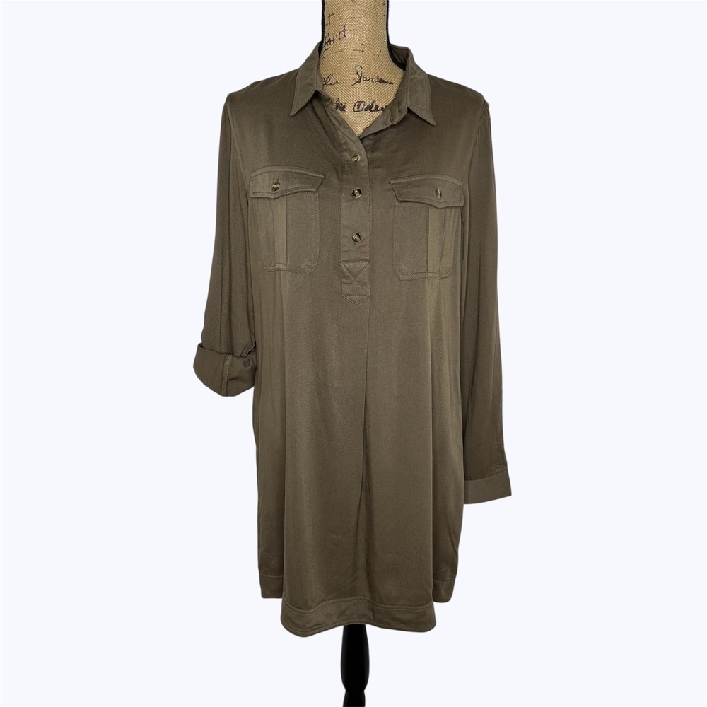Mittoshop Shirt Dress Olive Green Roll Tab Sleeve Utility‎ Spring Casual Sz M